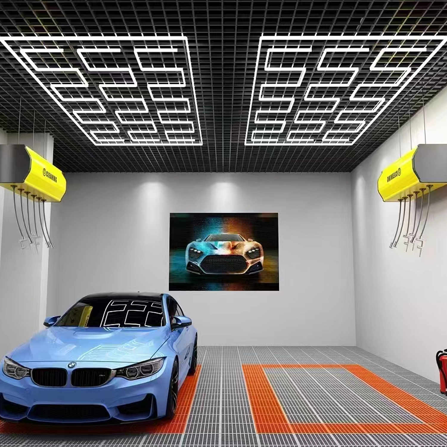 A garage with a BMW and a blue car, illuminated by custom hex lighting.