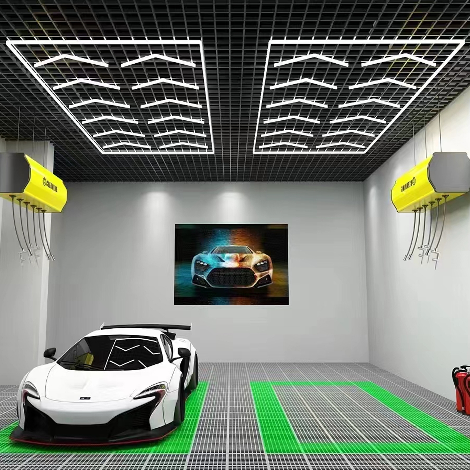 A garage with a McLaren sports car in it, illuminated by custom hex lighting.