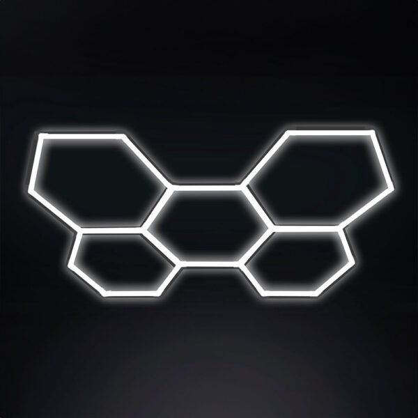 A 5 Grid LED Hex System neon sign with a hexagonal shape on a black background.