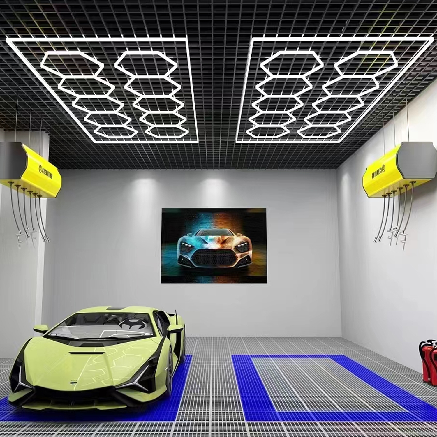 A green sports car in a garage illuminated by custom hex lighting.