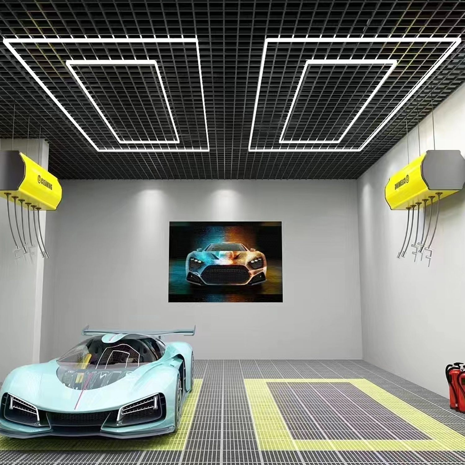 An image of a garage with a car in it, featuring Canada Hex Lights.