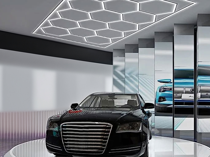 An Audi S8 featuring Custom Hex Lighting is on display in a showroom.