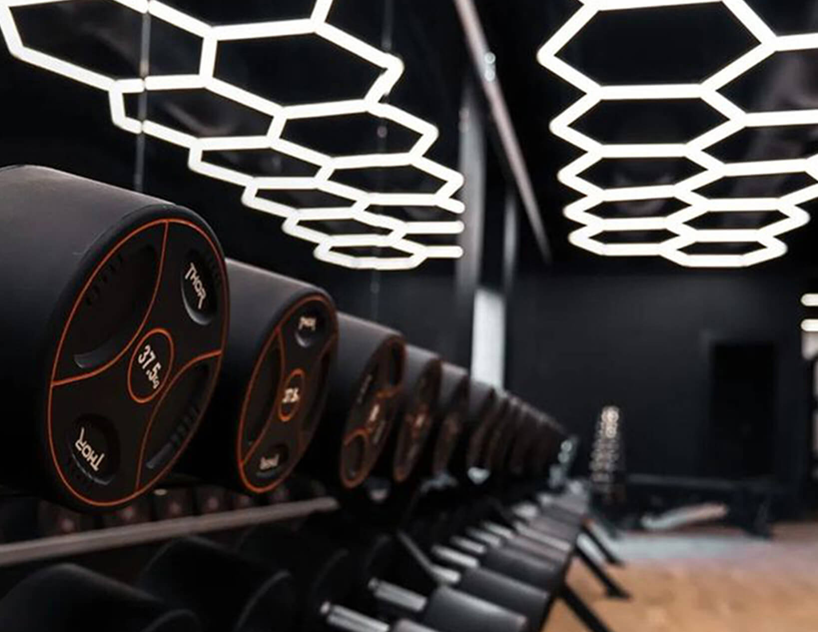 A row of dumbbells illuminated by custom Hex Lights in a gym.